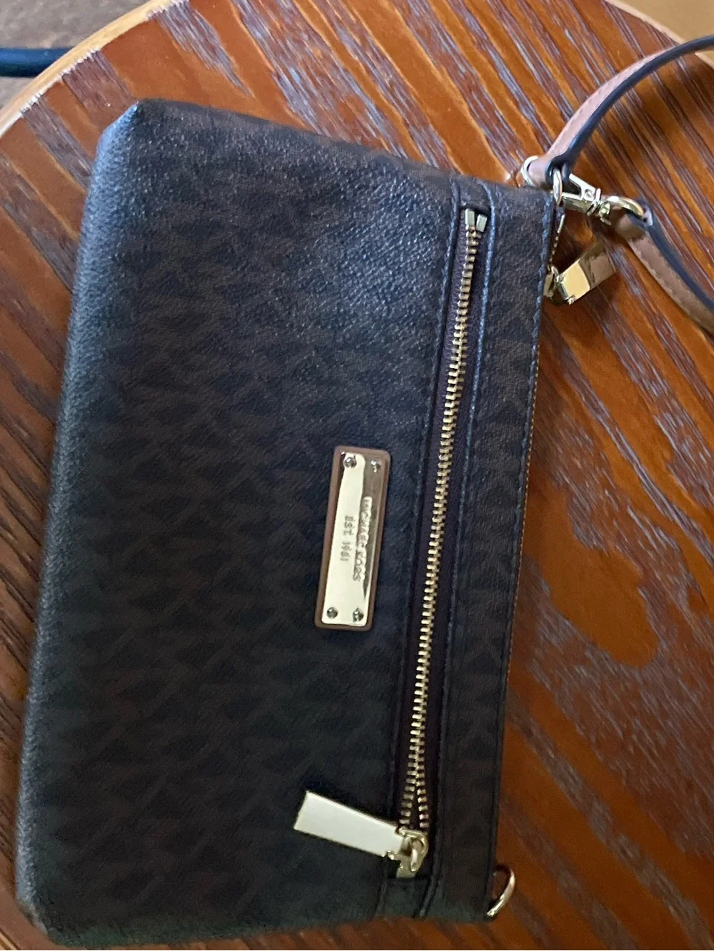 Michael Kors Brown and Gold Logo Zip Wristlet